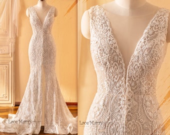 SEDEFE / Fitted Wedding Dress with Slit on the Front and Deep Plunge Neckline, Deep V Neckline Sparkling Lace Wedding Dress