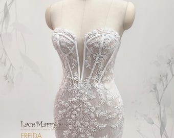 FREIDA / Strapless Wedding Dress with Sheer Lace Corset Bodice and Detachable Off Shoulder Sleeves, Mermaid Lace Wedding Dress