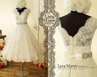Tea Length Wedding Dress from Alencon Scalloped Lace with Illusion V Neckline and V Cut Back in Wide A Line Shape | Short Wedding Dress