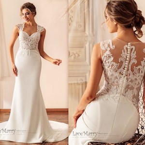 LOUISA / Plain Skirt Wedding Dress with Beaded Lacy Bodice and Straps, Simple Wedding Dress, Sweetheart Wedding Dress, Beach Wedding Gown