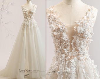 MARIELA / Vestido de novia floral 3D: falda de corte A con purpurina y espalda en V con escote pronunciado