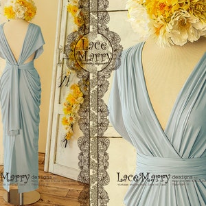 Powder Blue Infinity Bridesmaid Dress with Long Greek Style Skirt and Multiway Straps | Beach Party Convertible Prom Dresses in Dusty Blue
