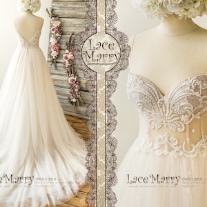 Beautiful Summer Wedding Dress with Beaded Swirl Lace Appliqué Top, Bustier Neckline, VCut Back and ALine Skirt in Tulle with Dots and Stars