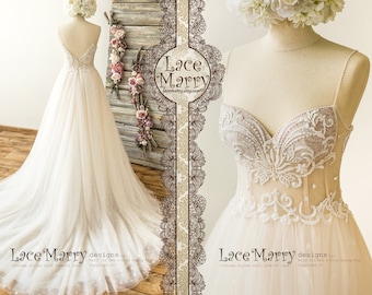 Beaded Lace Appliqué Wedding Dress, Tulle A-Line Skirt