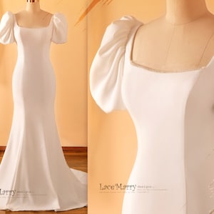 MADIA / Schlichtes Brautkleid mit Puffärmeln und quadratischem Ausschnitt, minimalistisches Brautkleid, sexy offener Rücken, schlichtes standesamtliches Brautkleid