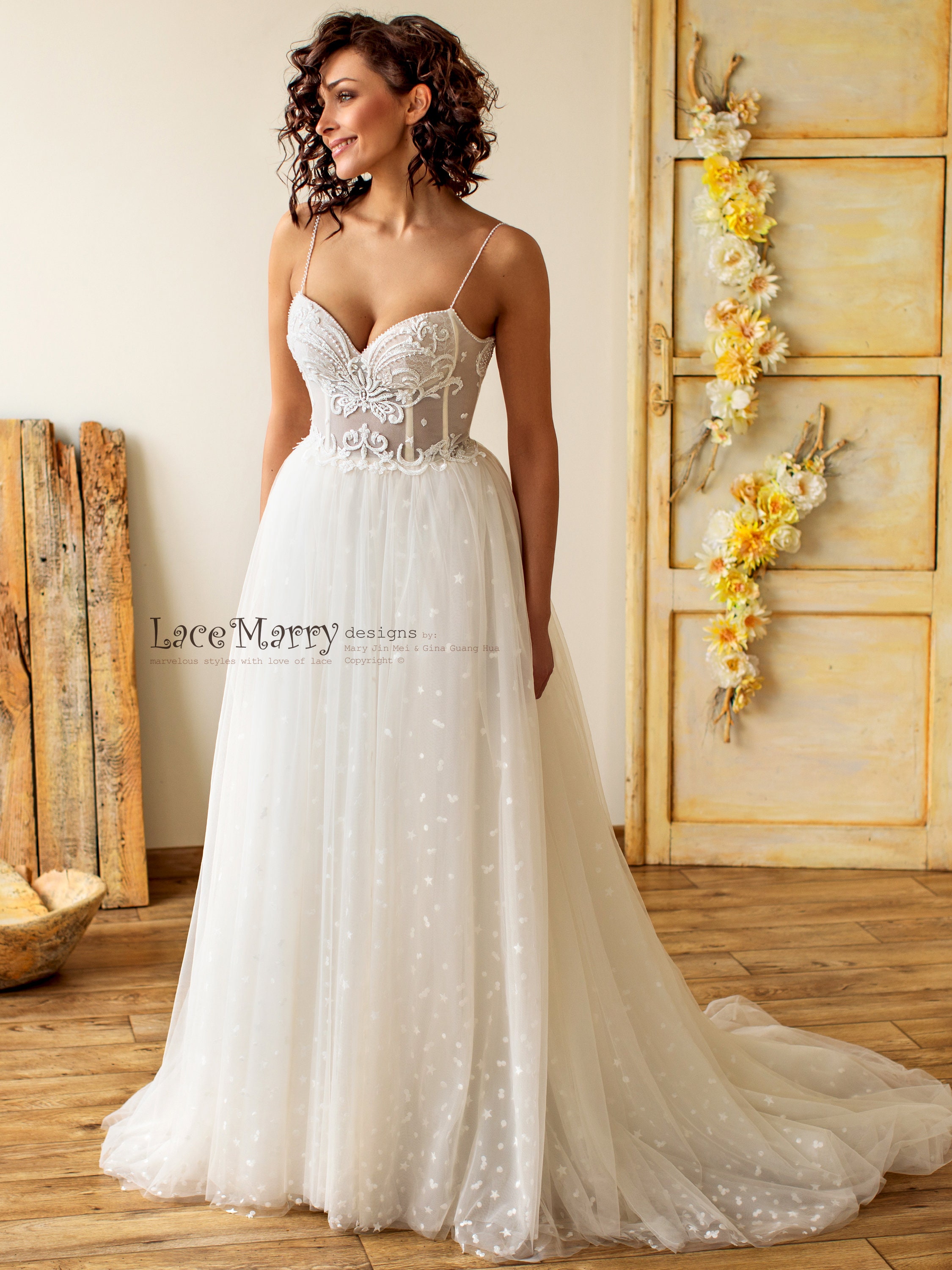 Bustier Bodice Wedding Dress With Extra Thin Straps A Line | Etsy
