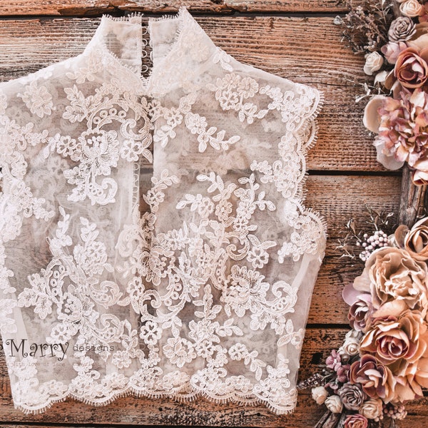 COETZEE / High Collar Lace Topper, Wedding Crop Top, Bridal Bolero with Qipao Neckline, Bridal Lace Crop Top, Wedding Topper, Lace Bolero