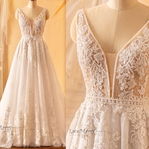 ZELDA / Fascinating A Line Wedding Dress with Deep Plunge Neckline, Lace Wedding Dress with A Line Lace Skirt, Plunge Neck Wedding Dress