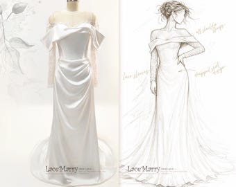 LEOCADIA / Simple Satin Wedding Dress with Drape Skirt and Long Lace Sleeves