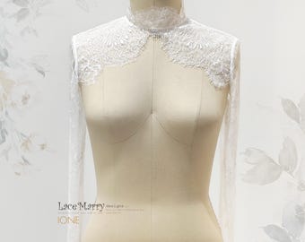 Chantilly Lace Bridal Bolero with Open Back – High Neck Wedding Lace Shrug with Long Sleeves / IONE