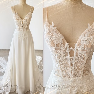 EVANGELINE / Chiffon A-Line Wedding Dress: Ivory Flower Appliques, Illusion Train