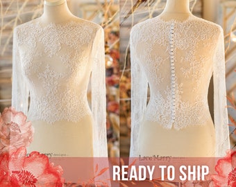 MAGNOLIA #3 / Lace Top with Scalloped Edge, Long Sleeves Bridal Top, Lace Bolero with Long Sleeves, Boat Neck Bridal Top, Wedding Topper