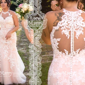 Blush Wedding Dress with Beaded Flower Applique | Halter Neckline Wedding Dress, Sheer Back Wedding Dress, Lace Wedding Dress, Custom Made