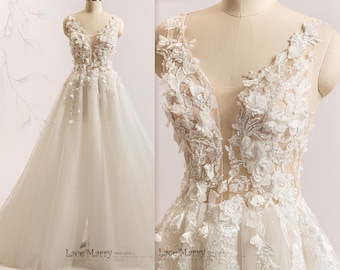 MARIELA / Vestido de novia personalizado con flores 3D: Vestido de novia corte A con purpurina