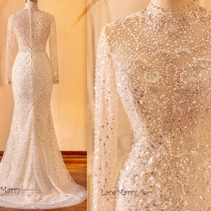 JACINDA / Fit and Flare Sparkling Wedding Dress with Long Sleeves and High Collar, Sequin Wedding Dress, Sparkling Wedding Dress