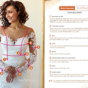 May include: A woman in a white wedding dress with lace sleeves, posing for a photo. The image includes a guide on how to measure for tops and boleros, with numbered instructions for shoulder to hem, bust, waist, and other measurements.