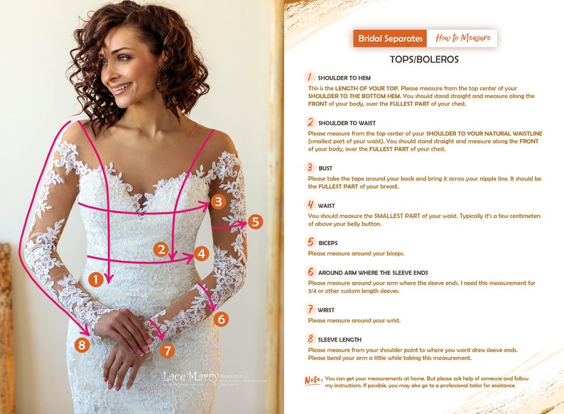 May include: A woman in a white wedding dress with lace sleeves, posing for a photo. The image includes a guide on how to measure for tops and boleros, with numbered instructions for shoulder to hem, bust, waist, and other measurements.