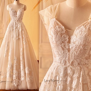 MARPESIA / Vestido de novia corte A con preciosos apliques florales y mangas cortas extraíbles, escote profundo, encaje