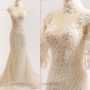 MAGDALA / Romantic Wedding Dress with All Over Beading and Illusion Cap Sleeve Top, Fit and Flare Beaded Wedding Dress with Bishop Sleeves