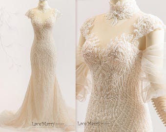 MAGDALA / Beaded Wedding Dress: Romantic Illusion Lace, Fit & Flare with Bishop Sleeves