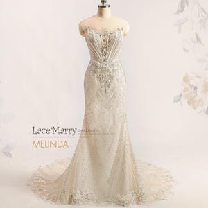 MELINDA / Basque Waist Luxurious Embellished Wedding Dress, Sparkling Wedding Dress with Basque Waistline, Bling Wedding Dress