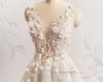 MARIELA / Vestido de novia con escote pronunciado: falda de corte A con purpurina y apliques de flores 3D