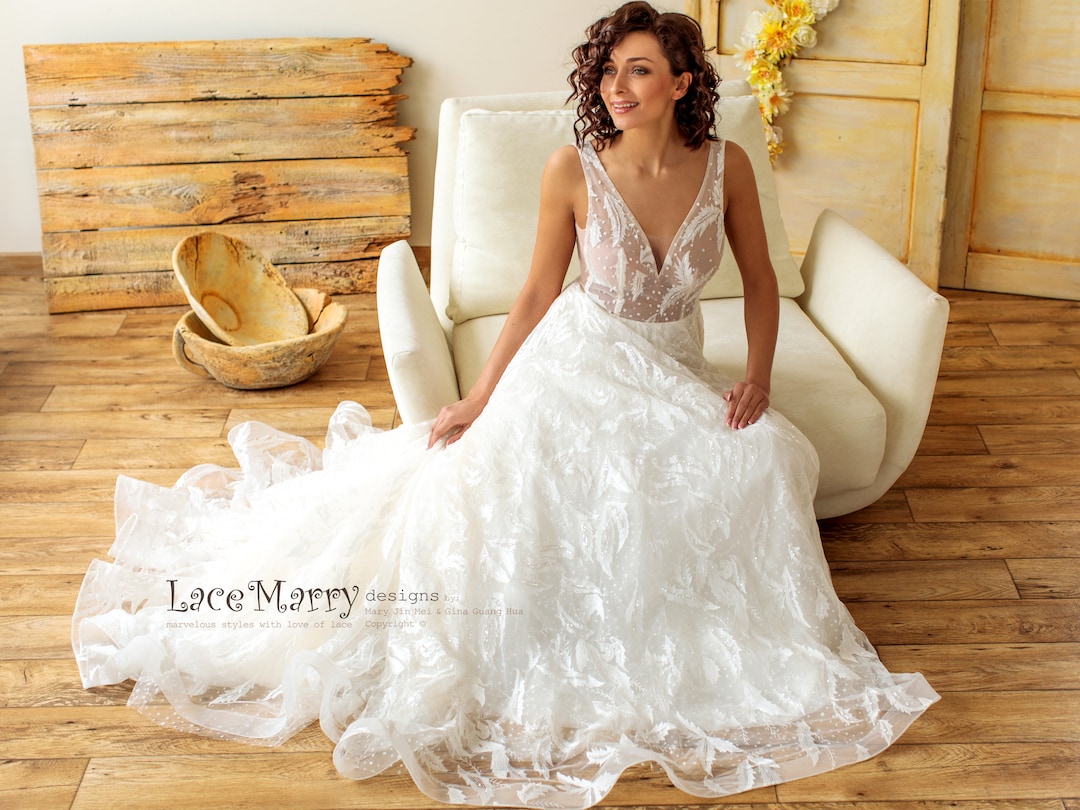 Sparkling Lace Wedding Dress With V Neckline and Back, Glitter Wedding Dress, A Line Wedding
