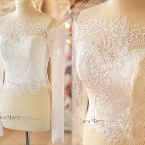 NATALIA #1 / Lace Topper in Off Shoulder Design with Long Lace Sleeves, Bridal Lace Crop Top, Off Shoulder Wedding Dress, Wedding Topper