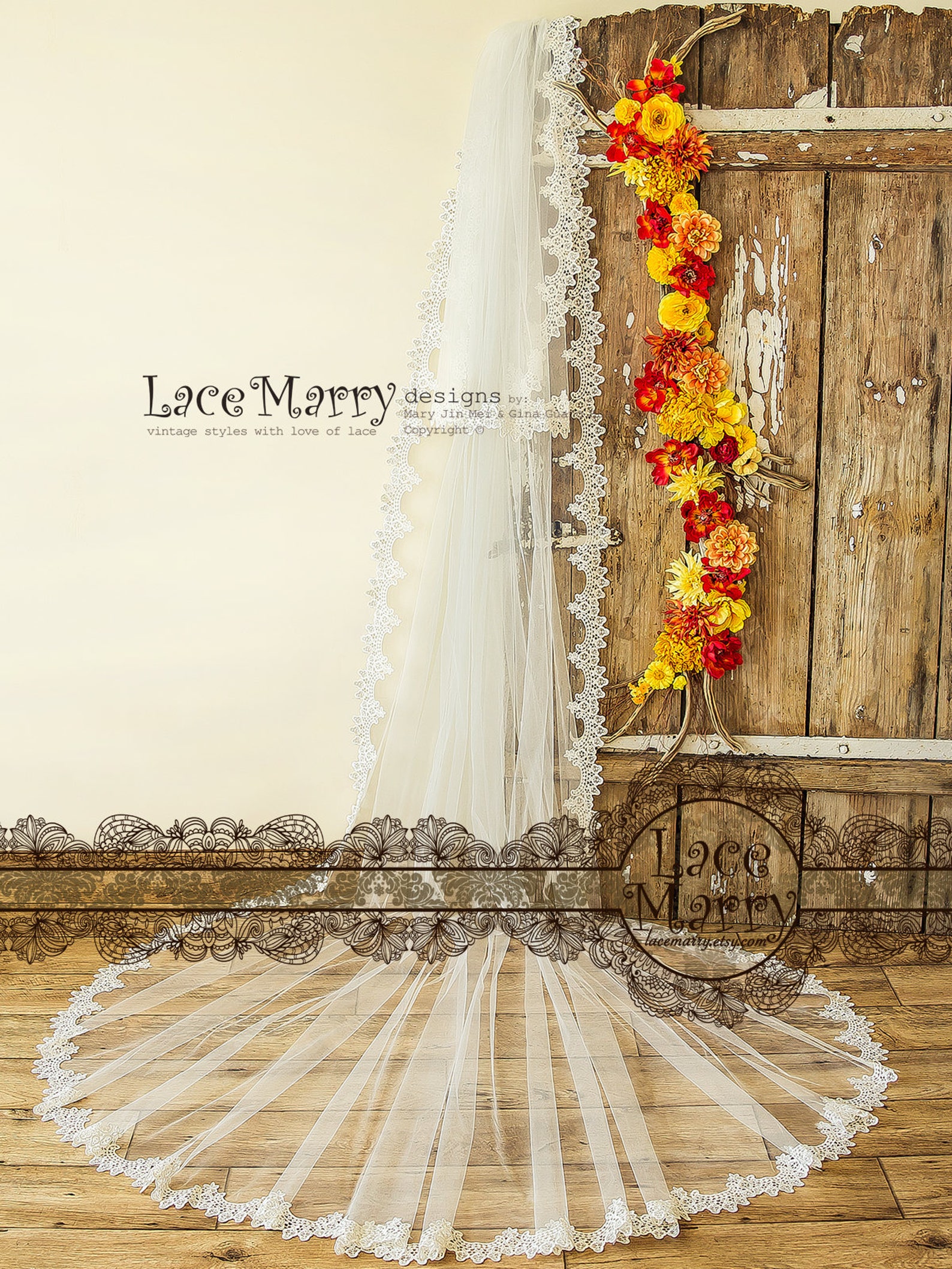 Double Layer Cathedral Veil with Slim Lace Trim