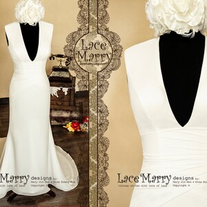 Ivory Chiffon Fitted Wedding Dress: Deep V-Neck, Chapel Train