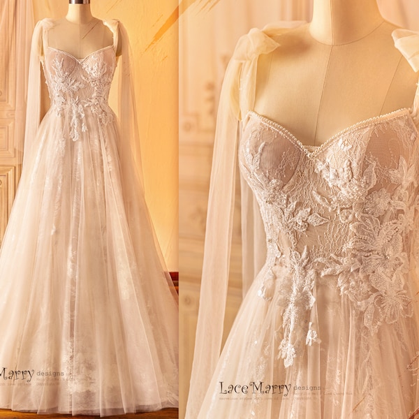 NICOLETTE / Amazing Lace Wedding Dress with Small Cape Sleeves,  A Line Wedding Dress with Beading, V Back Elegant Wedding Dress