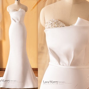VIVIAN / Plain Wedding Dress with Folded Neckline Design, Fit and Flare Plain Wedding Dress, Simple Wedding Dress with Beading