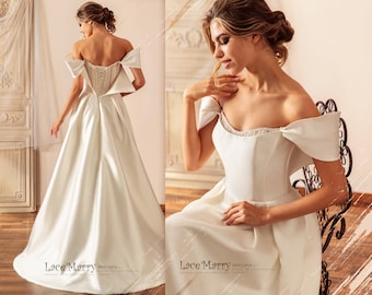 IYLA / Plain Satin Wedding Dress with Off Shoulder Straps, A Line Wedding Dress with Inner Corset, Satin Wedding Dress ALine