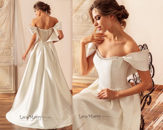 Beading A Line Satin Off The Shoulder Wedding Dress With Slit Beading A Line Satin Off The Shoulder Wedding Dress With Slit