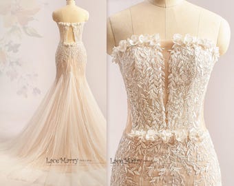 SABINA / Boho Wedding Dress: Ivory Floral Appliques, Open Back