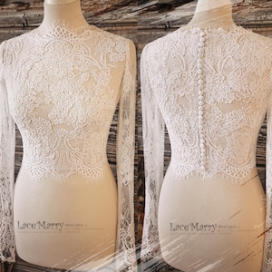 MAGNOLIA #4 / Bridal Lace Bolero with Long Sleeves and Boat Neckline, Lace Crop Top with Sleeves, Wedding Bolero with Sleeves
