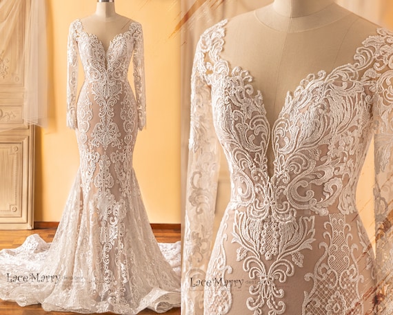 etsy long sleeve lace wedding dress Long Sleeve Lace Wedding Dress - Handmade Romantic Gown