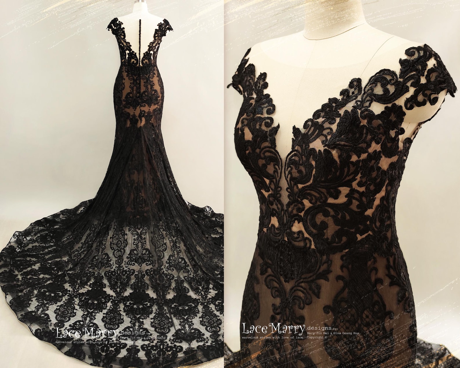 NIETTA / Mermaid Black Lace Wedding Dress, Gothic Gown With Train - Etsy