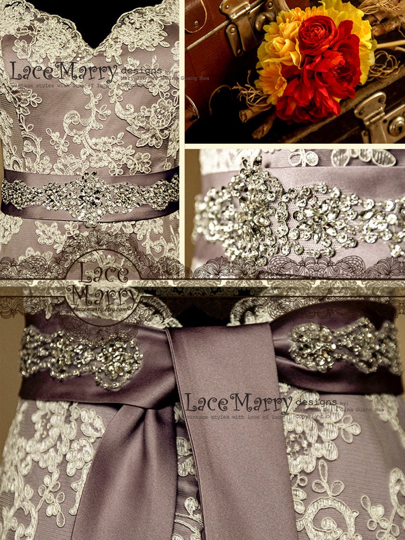 Vintage Inspired Bridal Beaded Sash Violette Splendid Handmade Rhinestone and Sequin Flower Beadwork Satin Sash to Tie on the Back