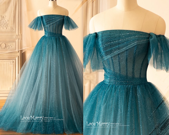 NELLIE / Dark Blue Ombre Tulle Prom Dress: Off-Shoulder Glitter A-Line