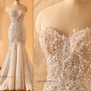 ANTONELLA / Wedding Party Custom Wedding Dress Beaded Fabric Glitter Dress Strapless Bridal Gown Mermaid Dress for Wedding Sequin Dress