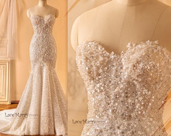 ANTONELLA / Wedding Party Custom Wedding Dress Beaded Fabric Glitter Dress Strapless Bridal Gown Mermaid Dress for Wedding Sequin Dress