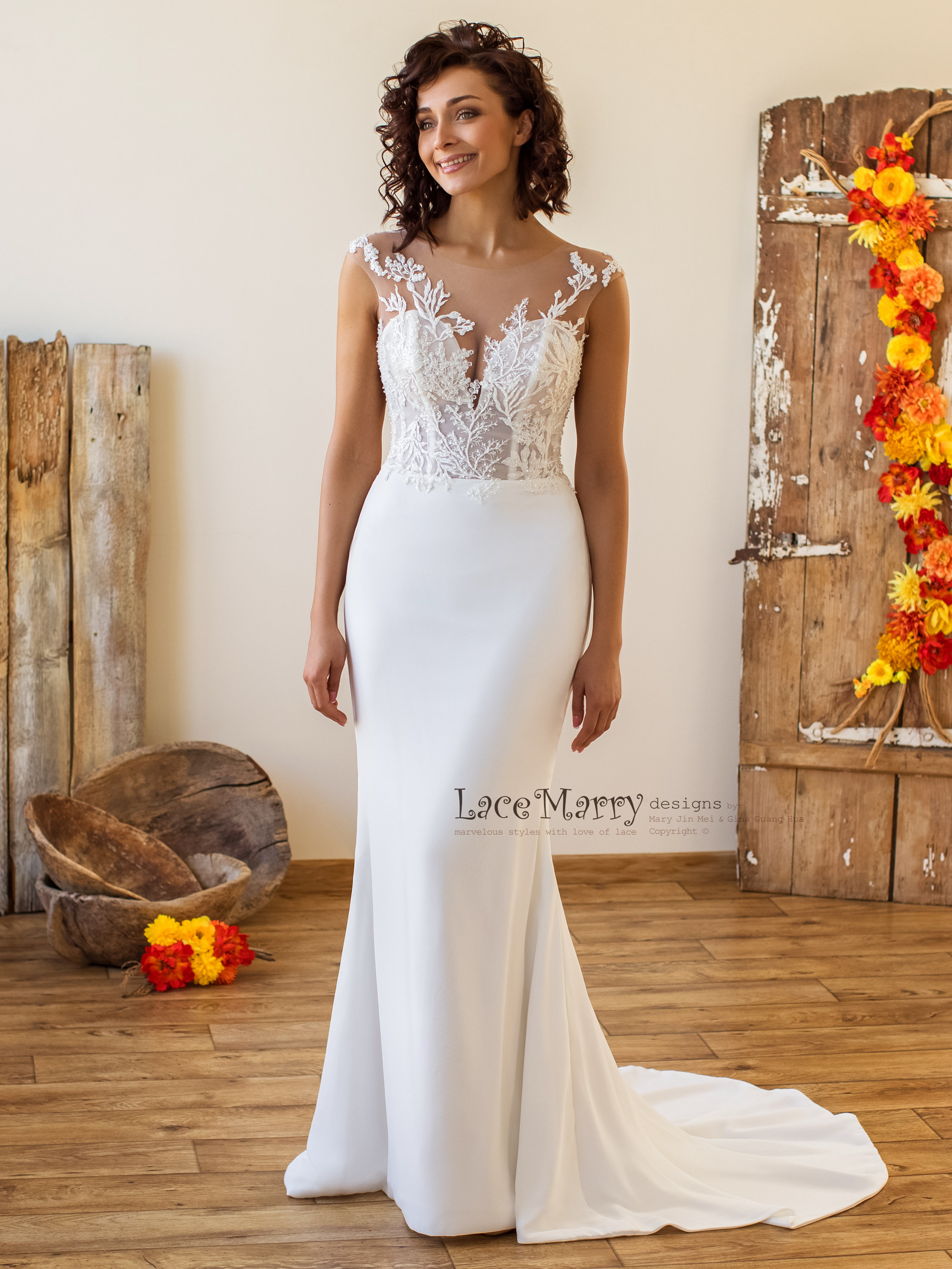 ELIFE / Classy Wedding Dress With Illusion Back Top and Plain Skirt,  Elegant Wedding Dress, Modest Wedding Dress, Fit and Flare Wedding Gown -   UK