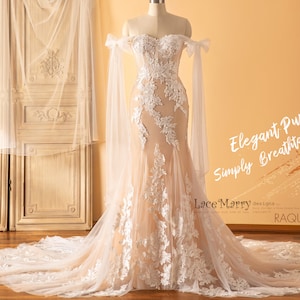 RAQUEL / Sparkling Lace Wedding Dress in Amazing Silhouette with Off Shoulder Cape Like Tulle Straps and Colored Underlay