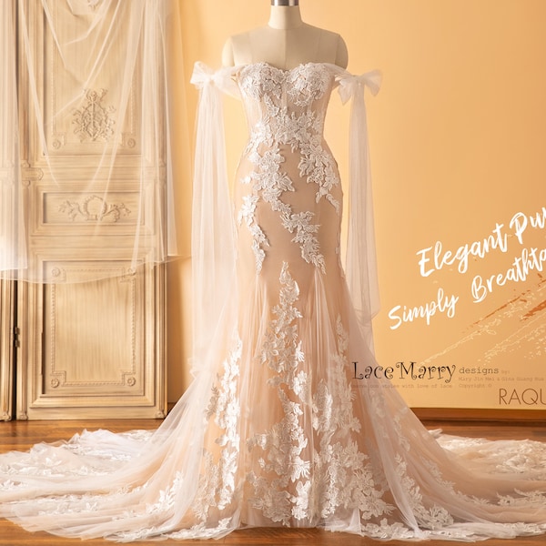 RAQUEL / Sparkling Lace Wedding Dress in Amazing Silhouette with Off Shoulder Cape Like Tulle Straps and Colored Underlay