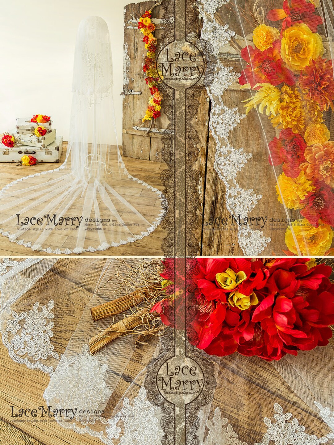 Double Layer Cathedral Veil, Two Tier Long Bridal Veil With Lace Trim