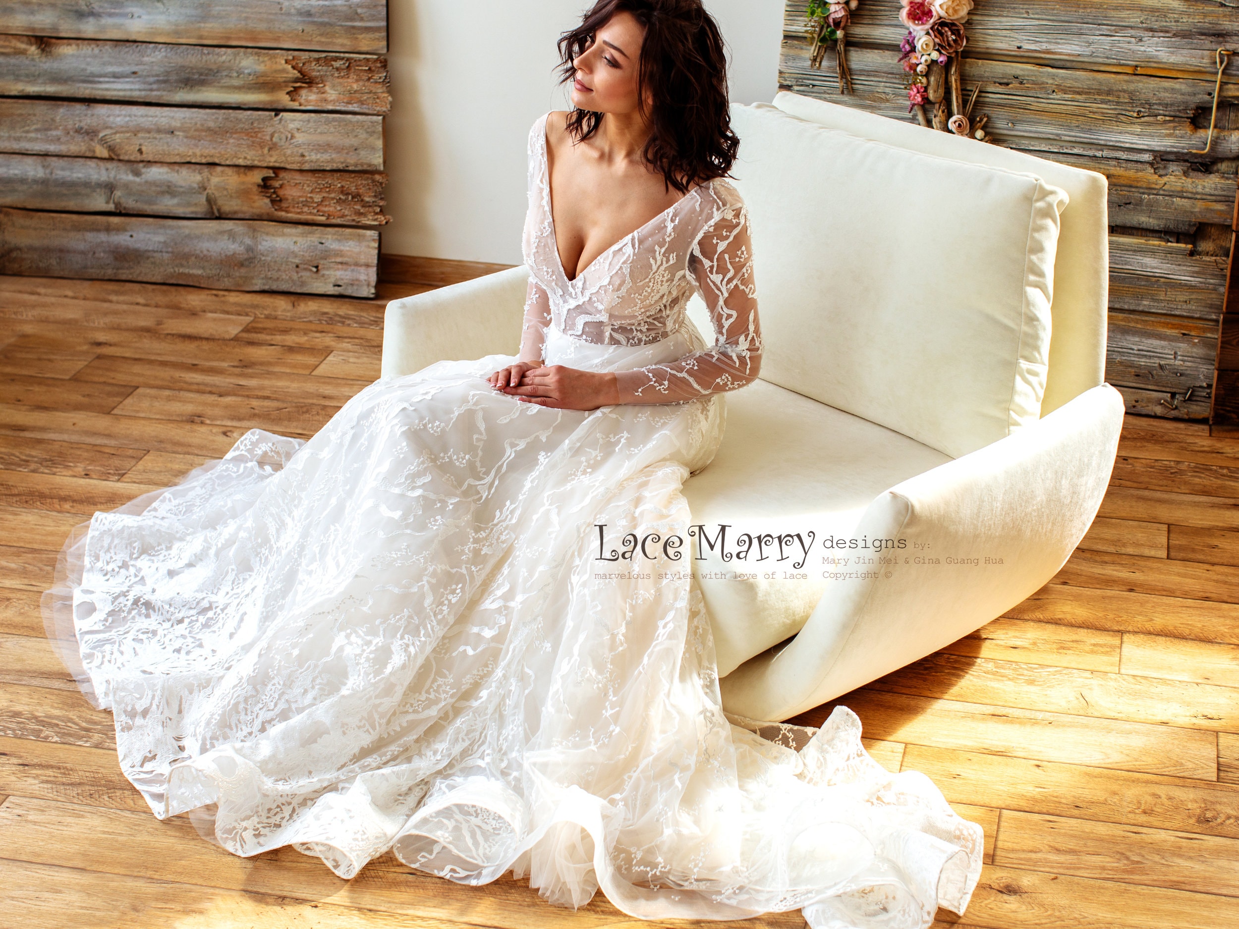 Couture Lace Wedding Dress with Long Sleeves, Lace Wedding Dress, Long Lace Sleeves Wedding Dress, Deep Neckline Dress, Beach Wedding Dress