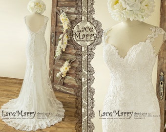 Ivory Lace Applique Wedding Dress, Open Back, Small Train