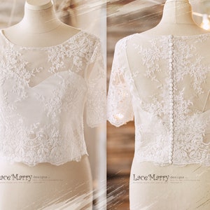 LYSSA #1 / Bridal Crop Top with Boat Neckline and Sleeves, Short Sleeves Lace Bolero, Bridesmaids Lace Topper with Sleeves, Plus Size Bolero