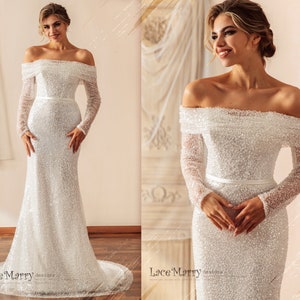 ERIN / Sparkling Wedding Dress with Off the Shoulder Long Sleeves, Beaded Wedding Dress, Slim Wedding Dress with Train, Elegant Bridal Gown